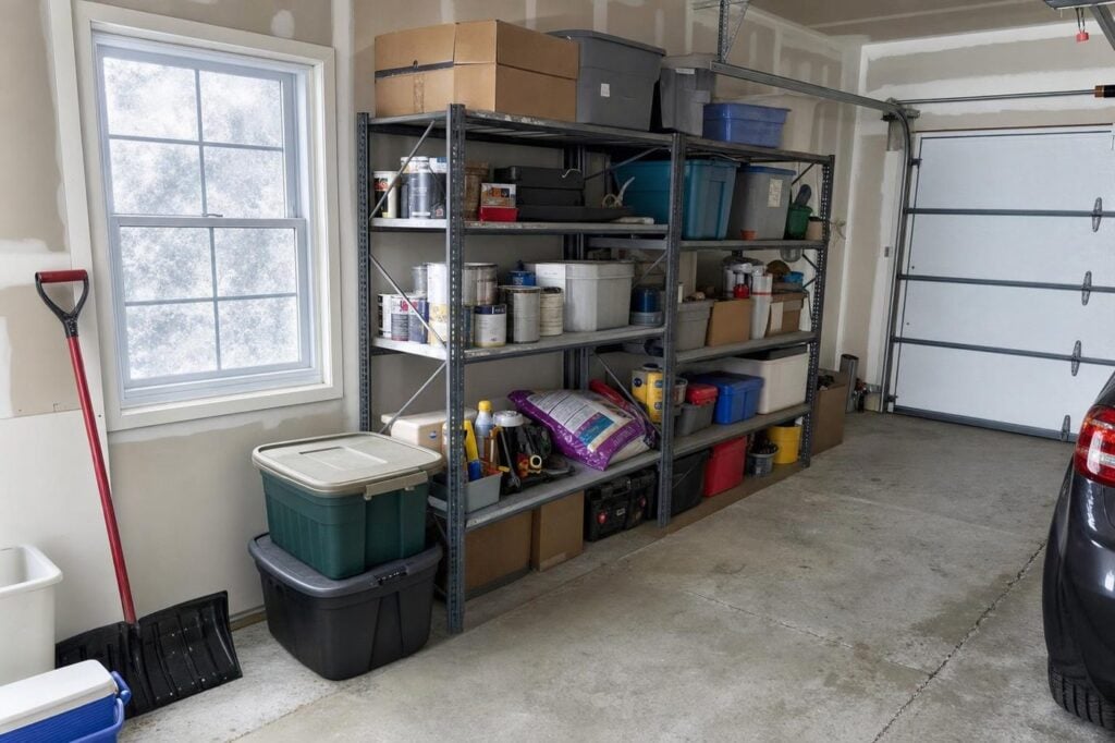 Metal storage shelves with paint cans, bins and a bag of pet food in an attached garage in winter.