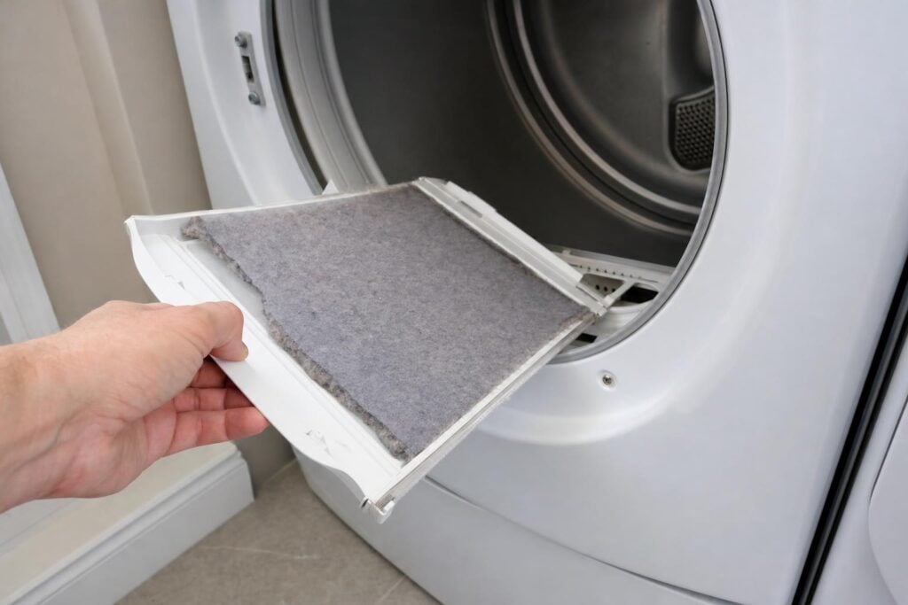 A hand pulling a lint screen coated in gray lint out of a home clothes dryer.