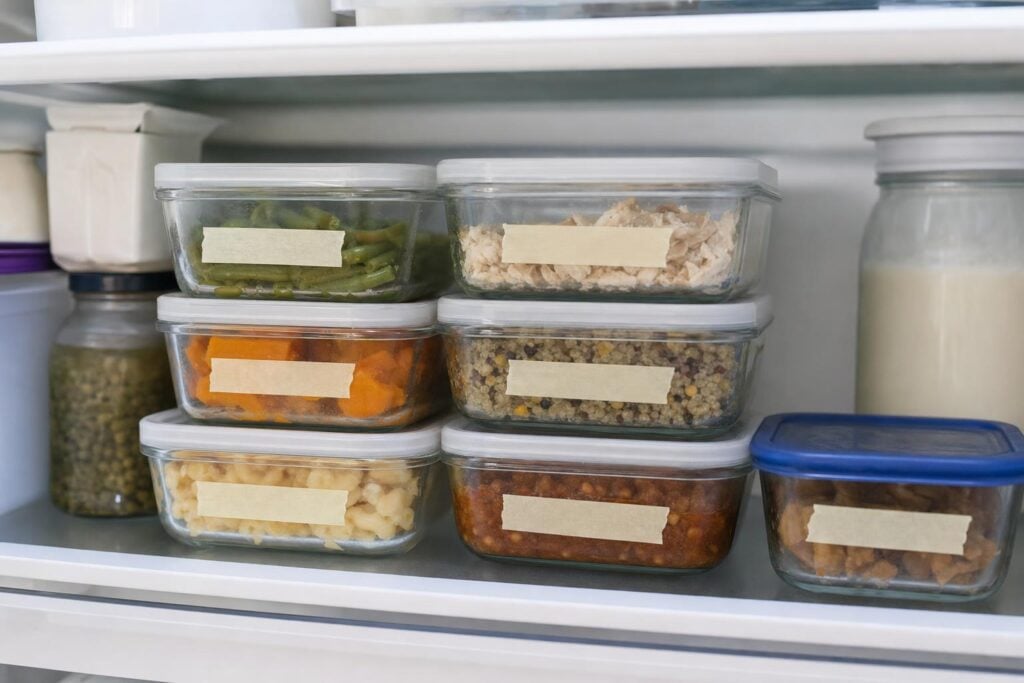 Leftovers divided into small, shallow labeled glass containers on a refrigerator shelf.