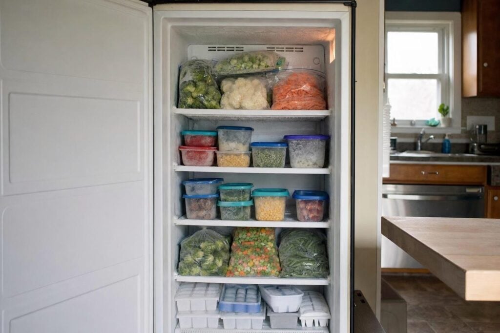 An open upright home freezer filled with bagged frozen vegetables and labeled containers.