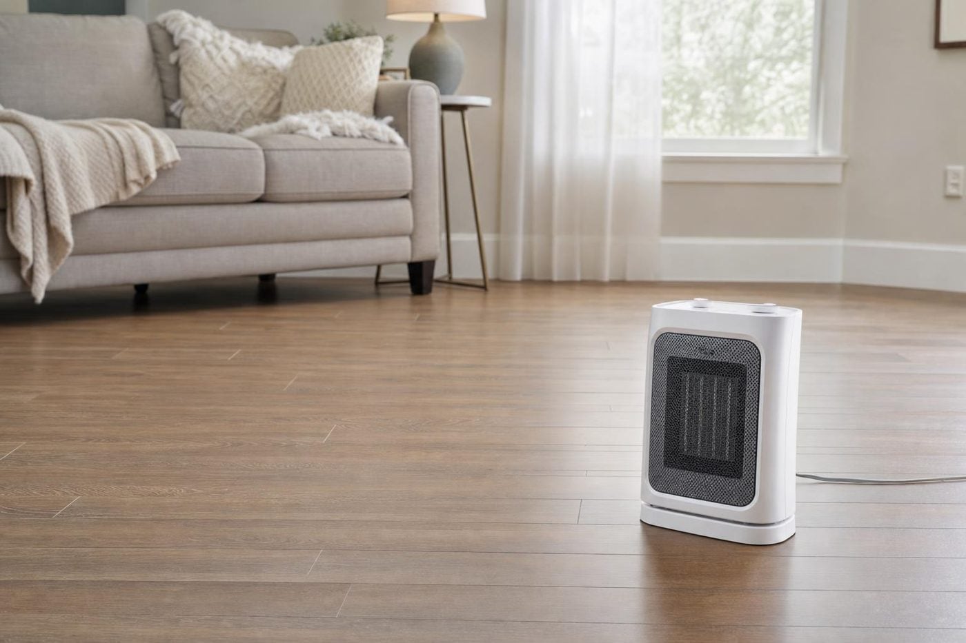A portable electric space heater on a bare hardwood floor with clear space around it.