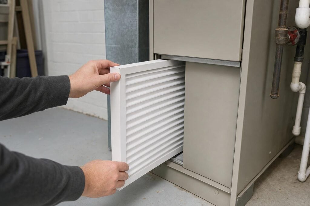 Hands sliding a new pleated air filter into a home furnace in a basement utility room.