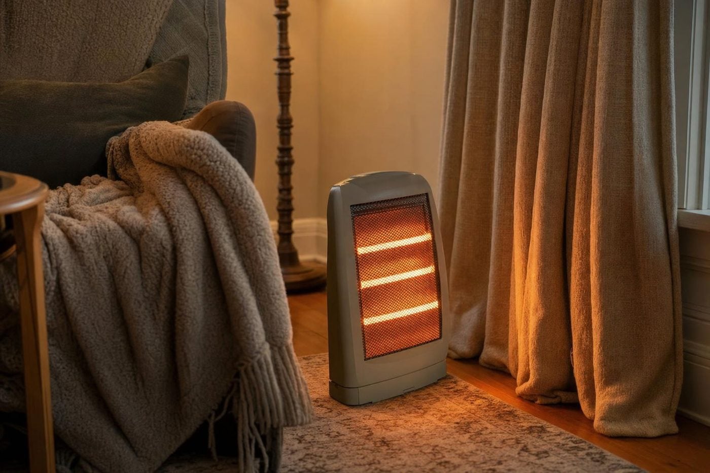 A space heater sitting too close to long curtains and a blanket draped over an armchair.
